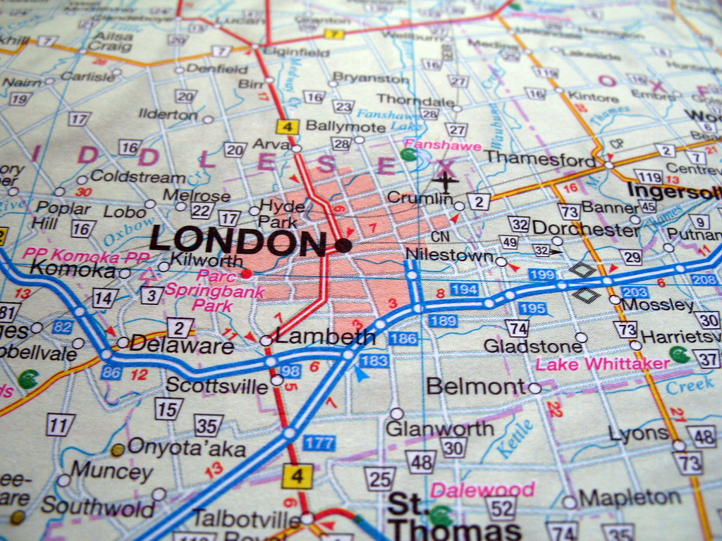 Close-up of a map highlighting London, Ontario, and surrounding towns with roads and highways.