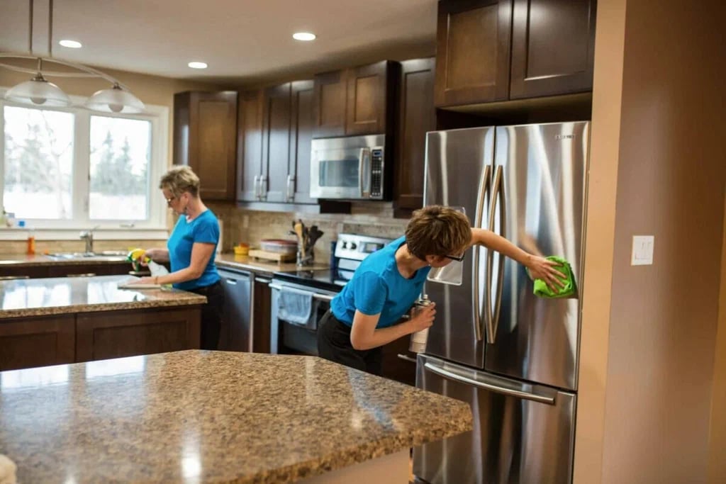 Two women wearing blue shirts cleaning a modern kitchen with granite countertops and stainless steel appliances.