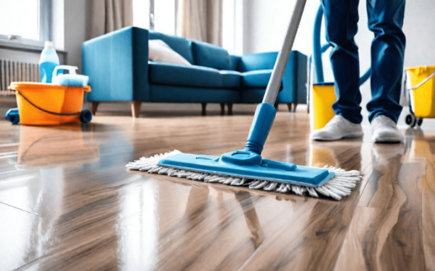 Person mopping a shiny wooden floor with cleaning supplies and a blue sofa in a living room.