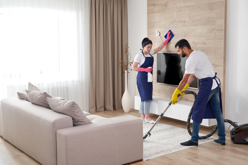 A man vacuuming the floor and a woman cleaning a TV screen in a modern living room.