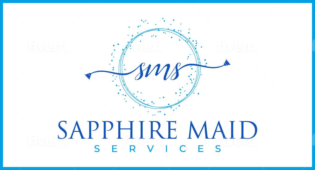 Logo for Sapphire Maid Services featuring blue scripted 'sms' inside a dotted circular design above the company name in blue text.