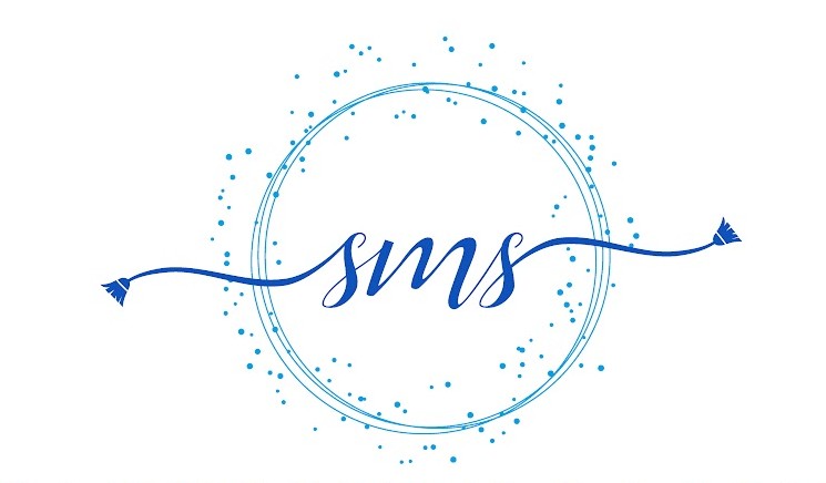 Blue cursive letters 'sms' centered within two thin blue concentric circles decorated with scattered blue dots on a white background.